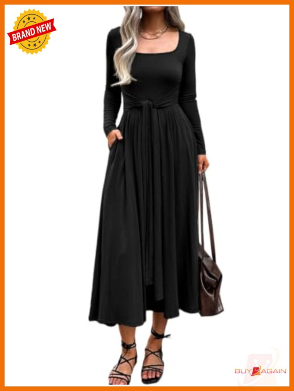 Womens Long Sleeve Tie Waist A-Line Maxi Dress Pockets Rayon Blend